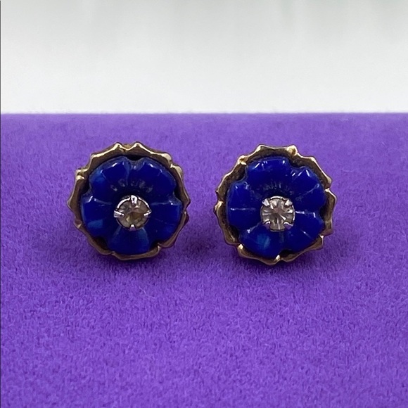 💛 Vintage Avon Gold Plated Crystal Blue Floral Earrings - Picture 1 of 4